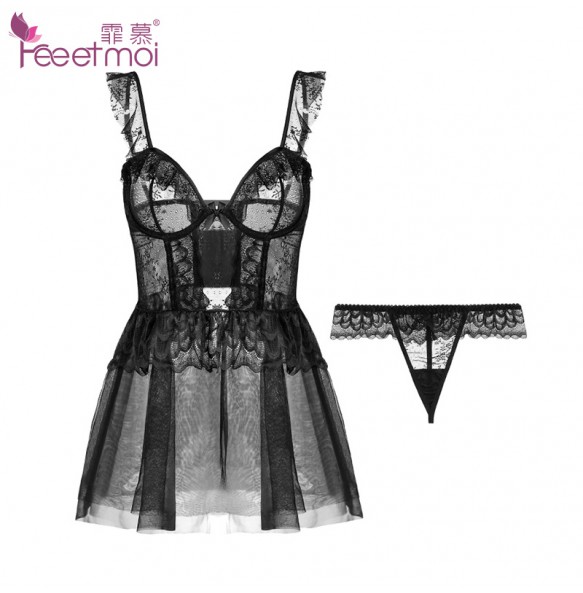 FEE ET MOI French Romance See Through V Neck Night Dress (Black)